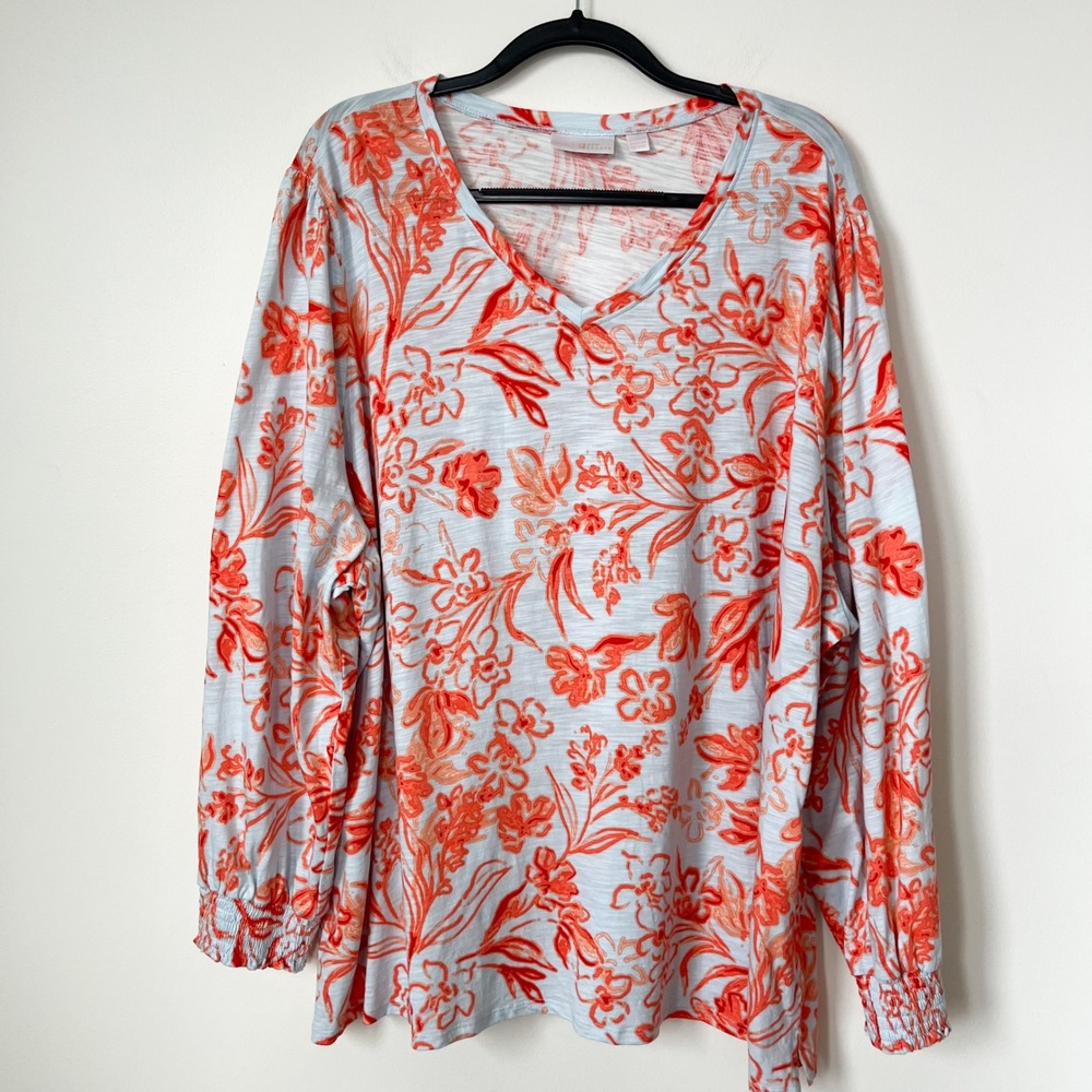 Belle Kim Gravel V Neck Long Sleeve Tropical Floral Shirt Womens‎ 4X Blue Coral